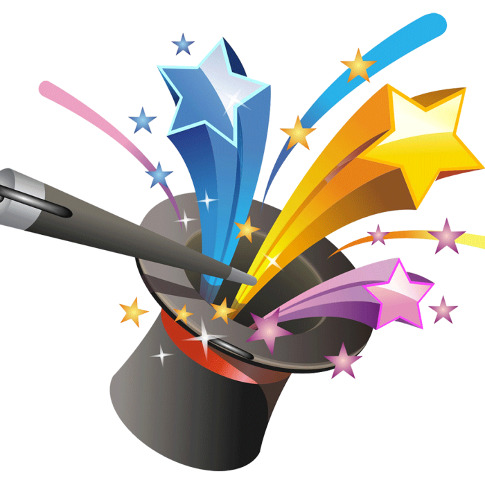 Sombrero representativo de mago que lleva encima una varita simulando ser mágica y del sombrero salen estrellas
